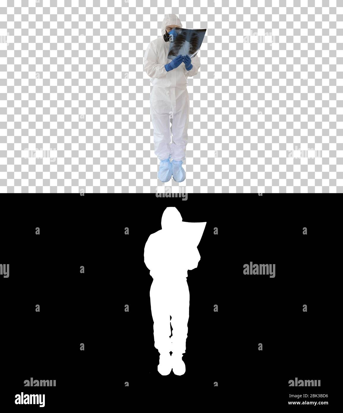 Infektionskrankheit Arzt in schützenden antibakteriellen Anzug und medizinische Maske Pneumologe untersucht eine Röntgenaufnahme der Lunge, Alpha-Kanal Stockfoto