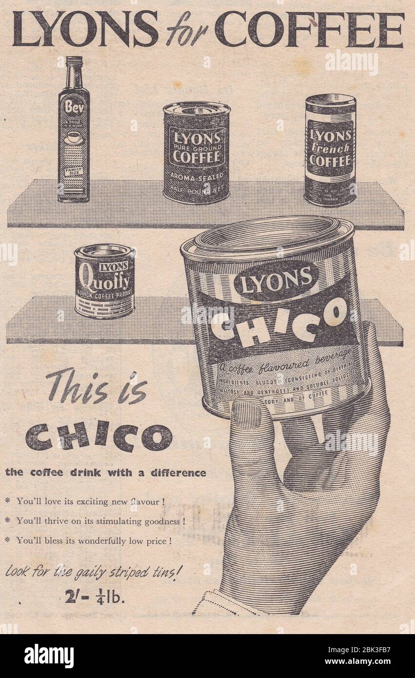 Zeitungsanzeige der 1950er Jahre für Lyons for Coffee - das ist Chico. Stockfoto