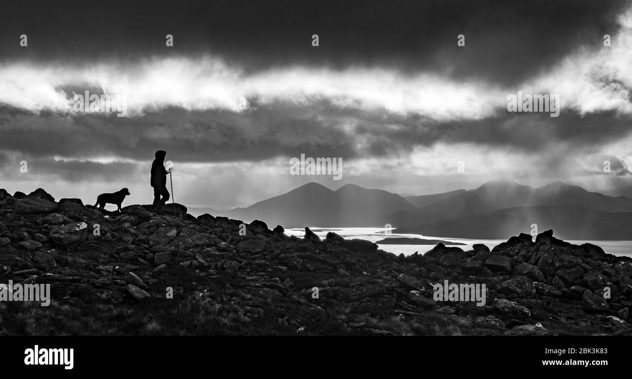 Walker und Hund auf dem Weg vom Gipfel des Sgurr A' Chaorachain Mast über dem Bealach na Ba, Applecross, Highlands of Scotland UK Europe Stockfoto