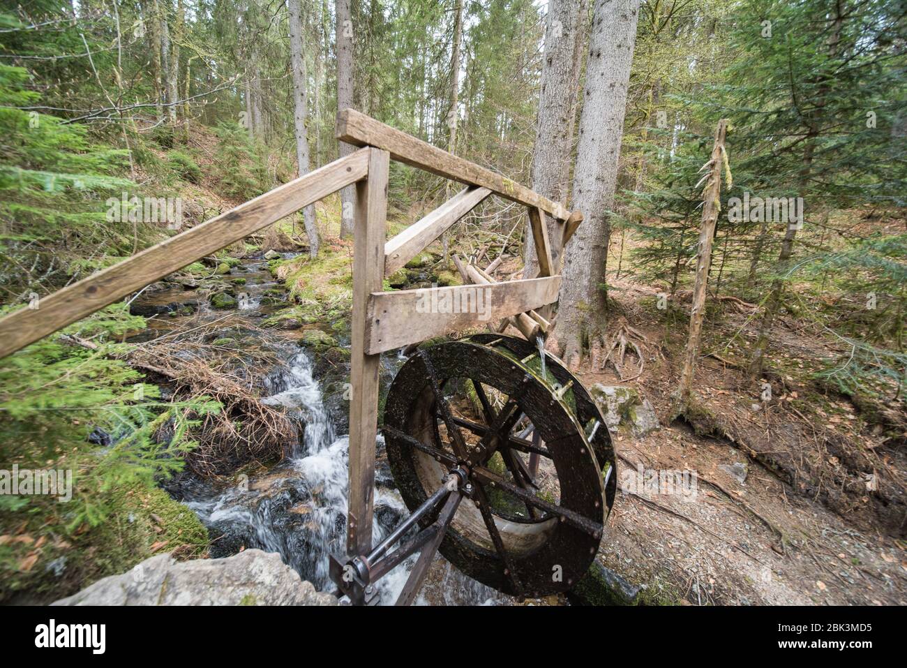 Wasserrad im Wald in deutschland. Stockfoto