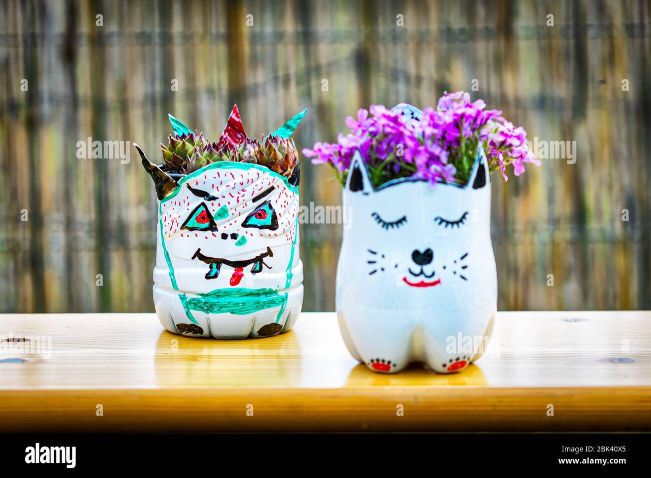 Upcycling PET (Plastikflasche) in Pflanzmaschine. Kinder haben Spaß und pädagogische Aktivität während Covid19 Lockdown Stockfoto