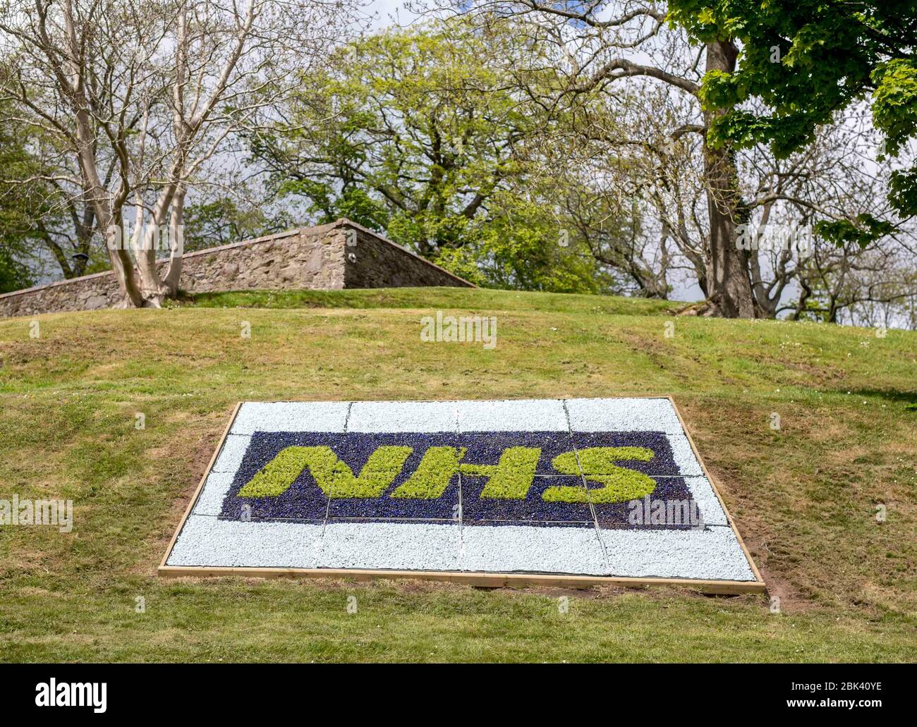 Lisburn, Nordirland. Mai 2020. Der Stadtrat von Lisburn & Castlereagh pflanzt drei Blumenbeete, um das selbstlose Engagement unserer Mitarbeiter im Gesundheitswesen zu erkennen, die während der Coronavirus-Pandemie für die Rettung von Menschenleben arbeiten. Die erste befindet sich in Castle Gardens, Lisburn und ist von der Queen's Road aus sichtbar. Die beiden anderen werden nächste Woche im Moat Park, Dundonald gegenüber dem Ulster Hospital und am Hillsborough-Kreisverkehr auf der A1 stattfinden. Quelle: Steven McAuley/Alamy Live News Stockfoto