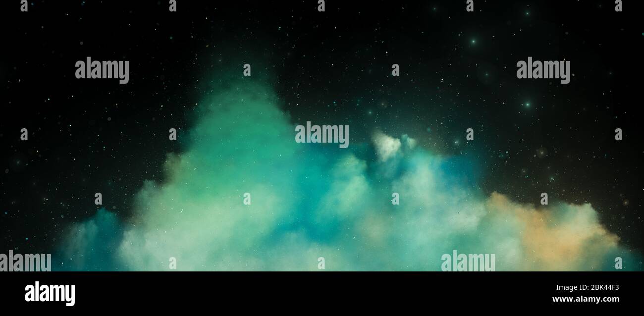 Grüner Nebel im tiefen Raum Ultra-Breitbild-Vorlage, Computer generiert abstrakten Hintergrund, 3D-Rendering Stockfoto