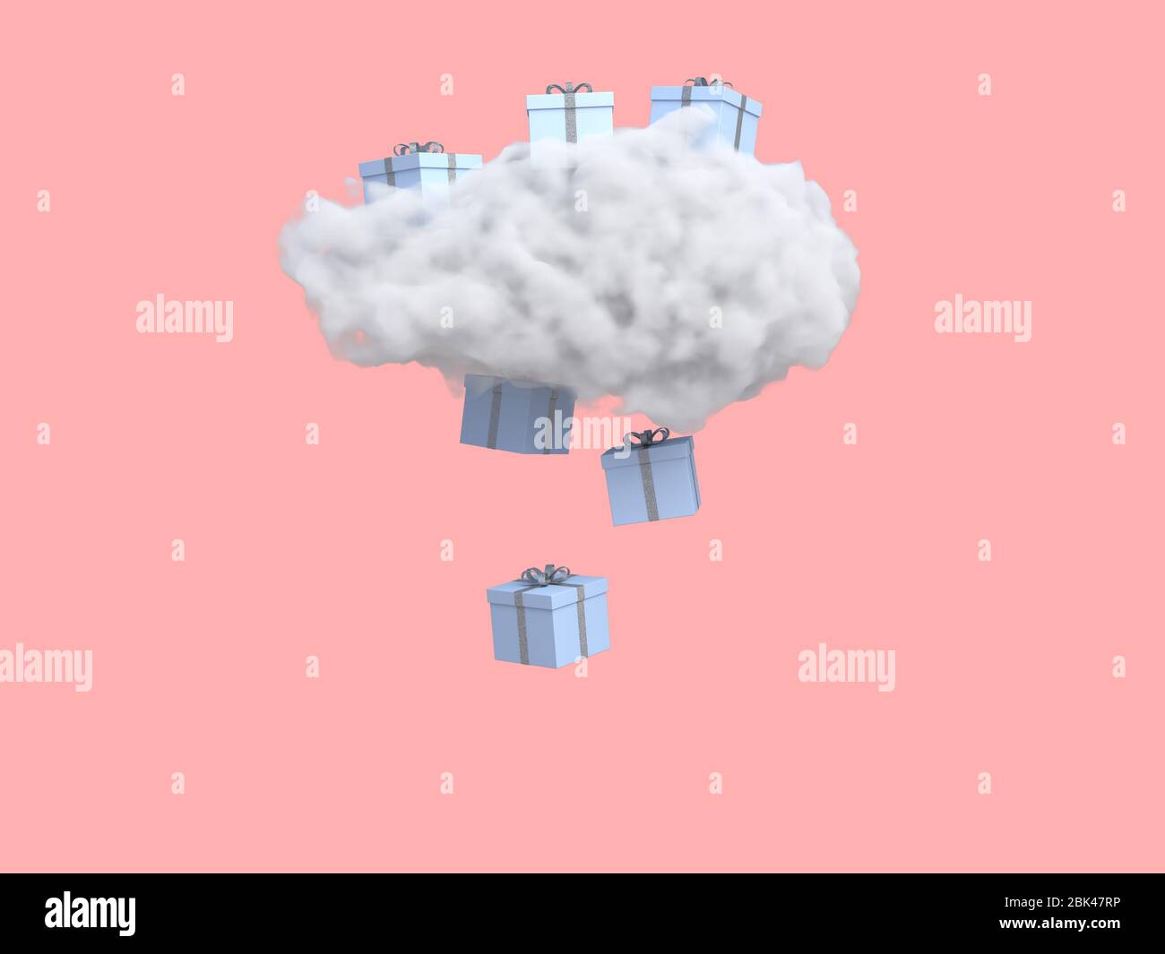 Wolke mit Geschenkbox regen auf pastellrosa Hintergrund. Kreative Idee. Minimalkonzept. 3d-Rendering Stockfoto