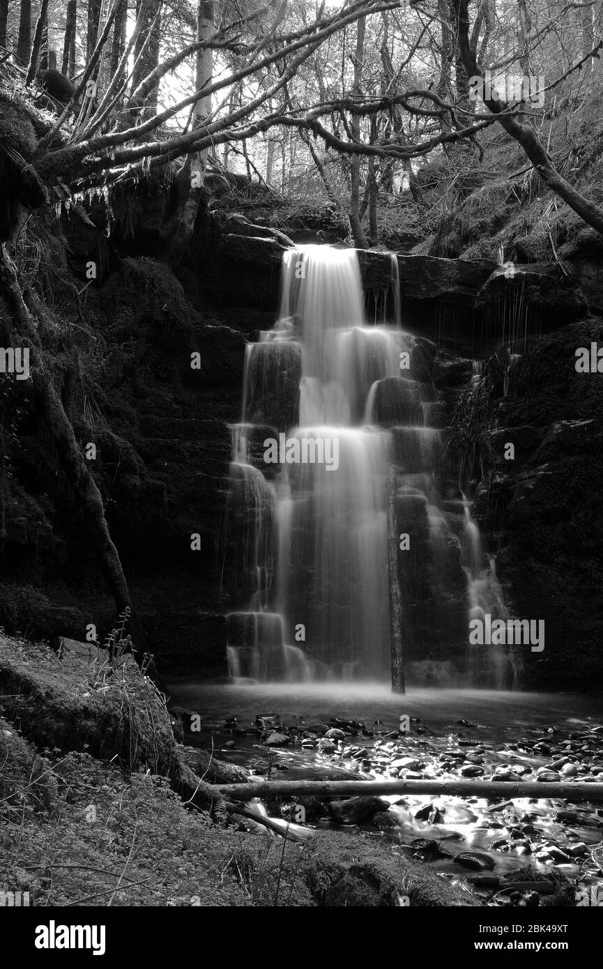 Der dritte und letzte kleine Wasserfall zwischen der Kaskade und dem Hauptwasserfall auf der Nant Bwrefwr. Stockfoto