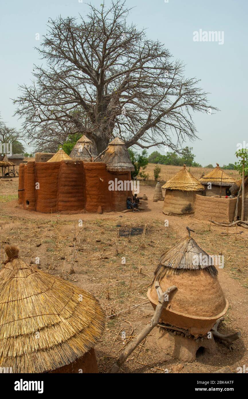 Ein Getreidespeicher in einem Lehmziegelgebäude namens Tata oder Takienta (UNESCO-Weltkulturerbe), der Tammari oder Batammariba in der Tamberma VA Stockfoto