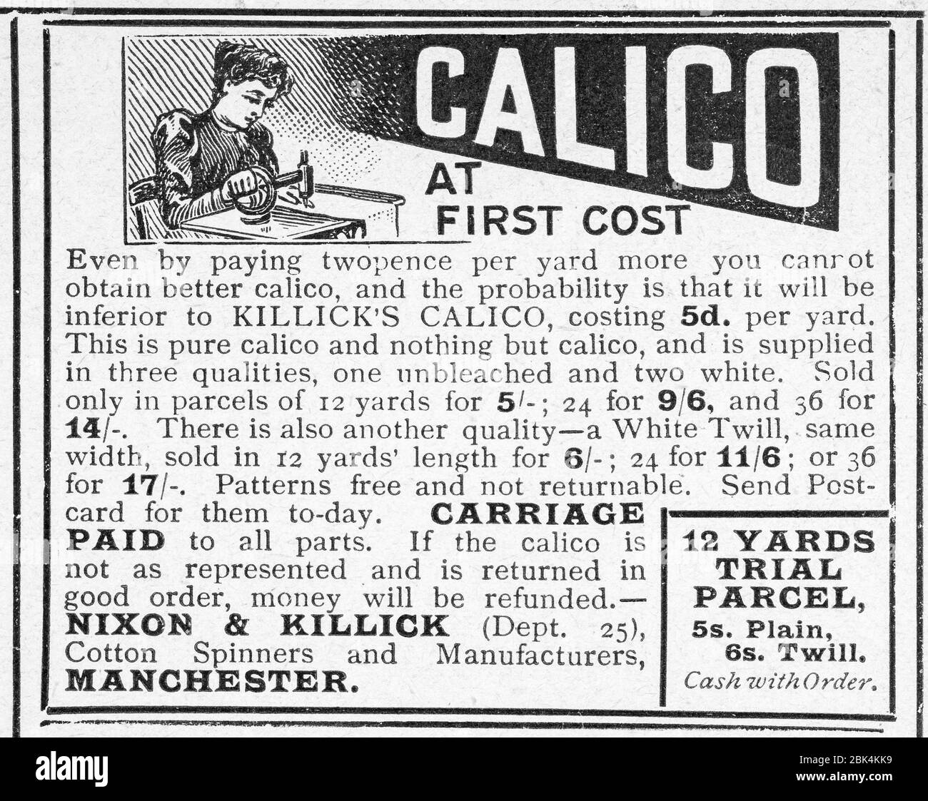 Alte Zeitungsdruckkleidung / Bekleidungswerbung aus viktorianischen Zeiten - vor dem Anbruch der Werbestandards. Stockfoto