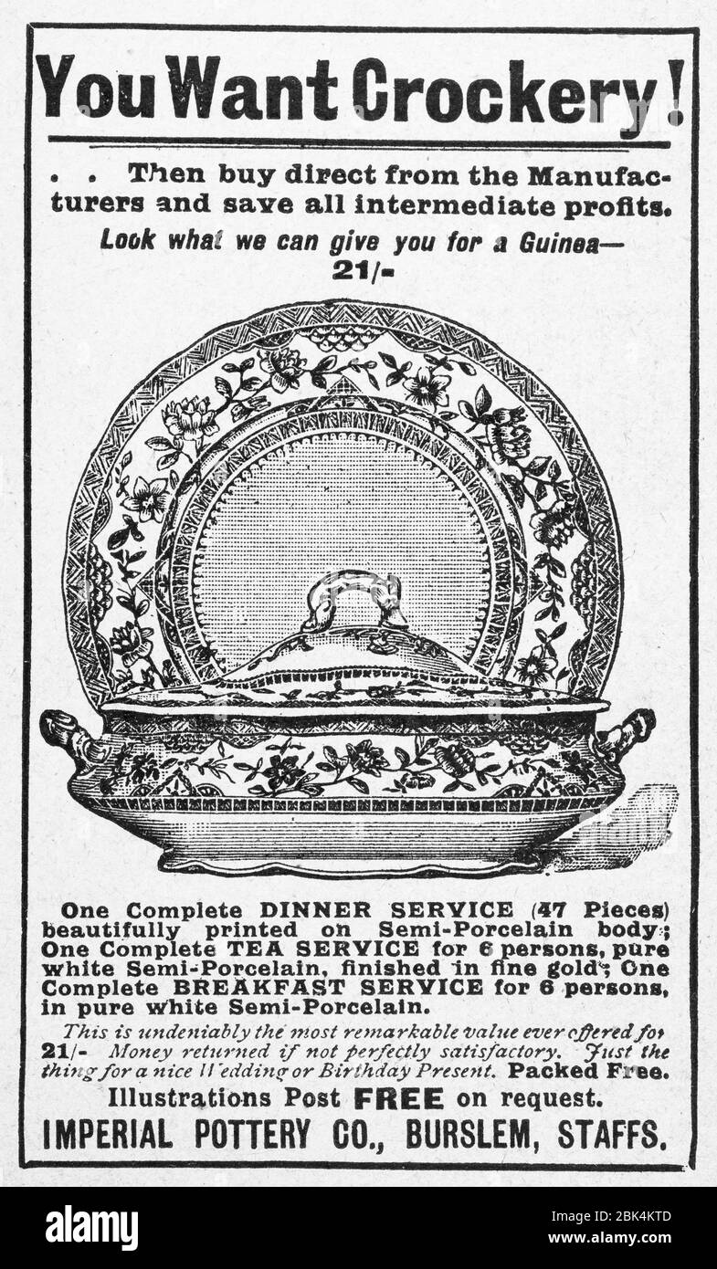 Alte Haushaltsgeschirr Anzeige von Anfang 1900, vor dem Anbruch der Werbestandards. Geschichte der Werbung, alte Anzeigen, Werbungsgeschichte Stockfoto