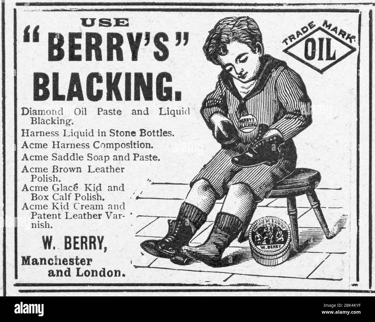 Alte Bootpolitur-Werbung aus dem frühen 1900er Jahre, vor dem Anbruch der Werbestandards. Geschichte der Werbung, alte Anzeigen, Werbungsgeschichte Stockfoto