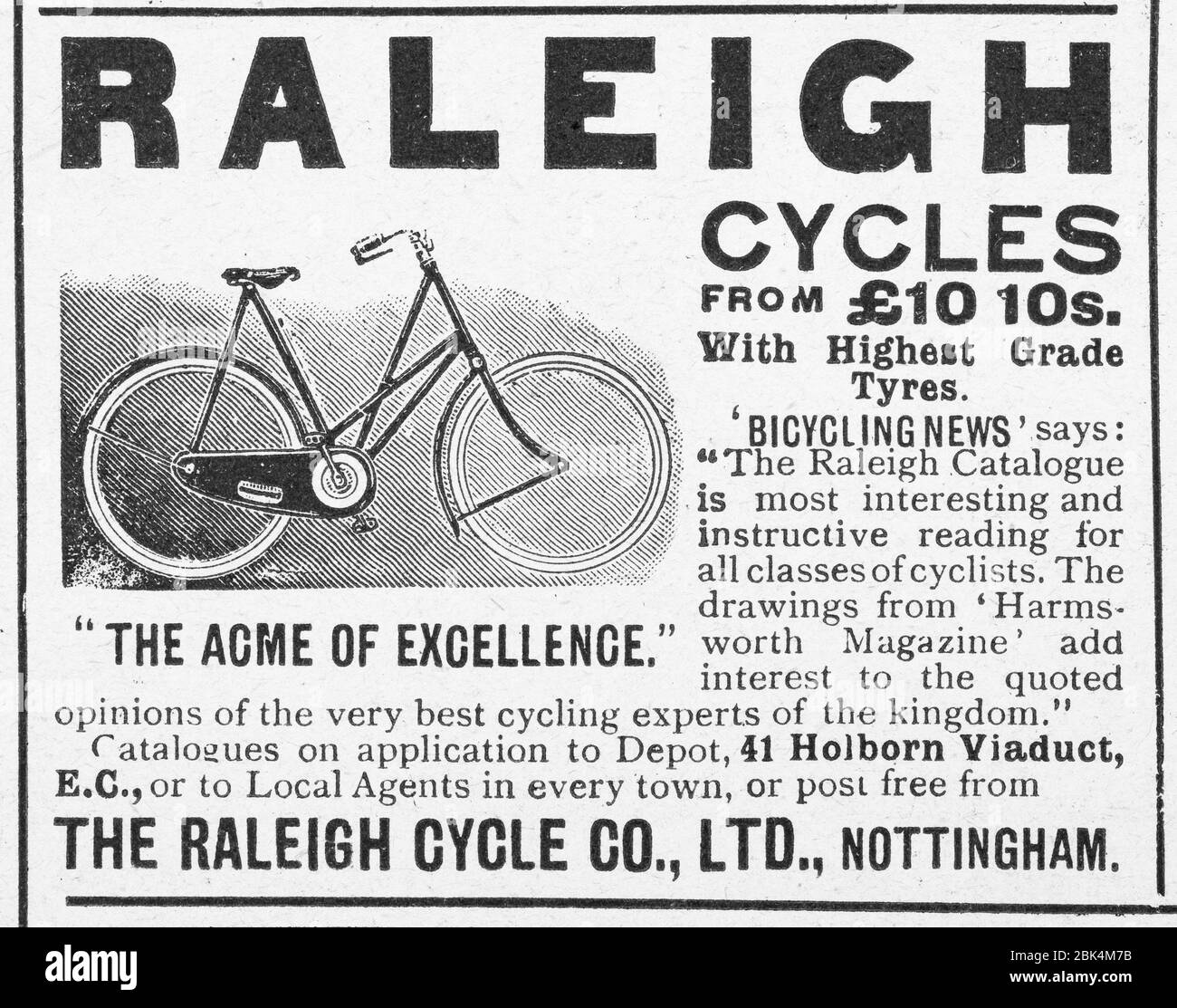 Alte Fahrrad-Radfahrwerbung von den frühen 1900er Jahren, vor dem Anbruch der Werbungsstandards. Geschichte der Werbung, alte Anzeigen, Werbungsgeschichte Stockfoto