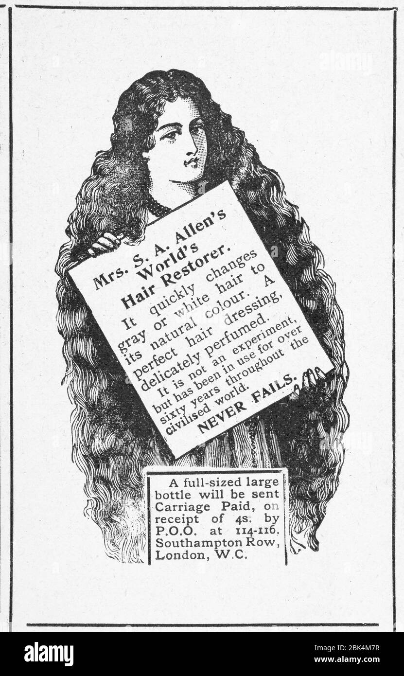 Alte Zeitungsdruck-Haarpflege / Haarpflege-Anzeige aus viktorianischen Zeiten - vor dem Anbruch der Werbestandards. Stockfoto