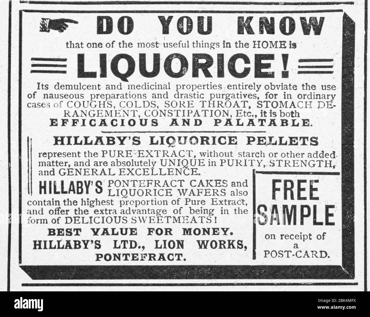 Alte Medizin Anzeige von Anfang 1900, vor dem Anbruch der Werbungsstandards. Geschichte der Werbung, alte Anzeigen, medizinische Werbung, Schlangenöl. Stockfoto