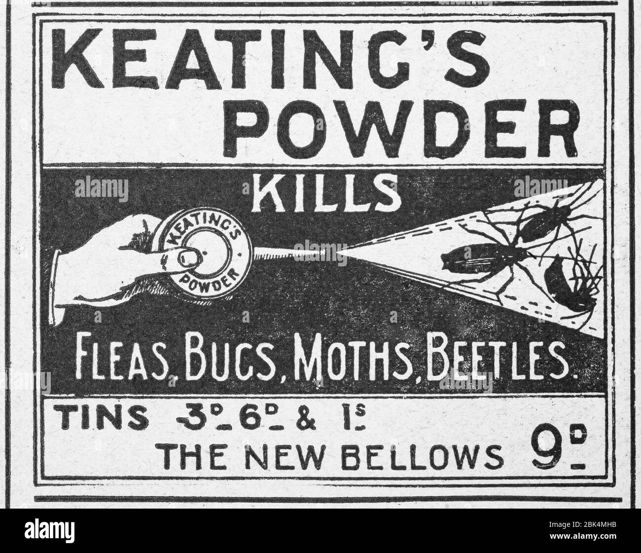 Alte Bug Killer Produktwerbung von Anfang 1900, vor dem Anbruch der Werbestandards. Geschichte der Werbung, alte Anzeigen, Werbungsgeschichte Stockfoto