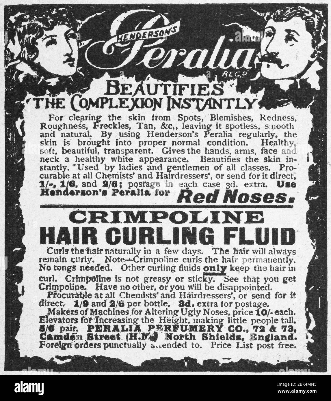 Alte Zeitungsdruck-Haarpflege / Haarpflege-Anzeige aus viktorianischen Zeiten - vor dem Anbruch der Werbestandards. Stockfoto