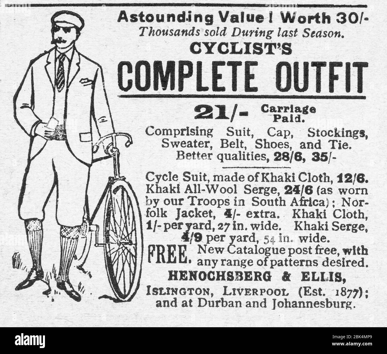 Alte Zeitungsdruckkleidung / Bekleidungswerbung aus viktorianischen Zeiten - vor dem Anbruch der Werbestandards. Alte Radsport-Werbung, viktorianisches Radsport-Outfit. Stockfoto