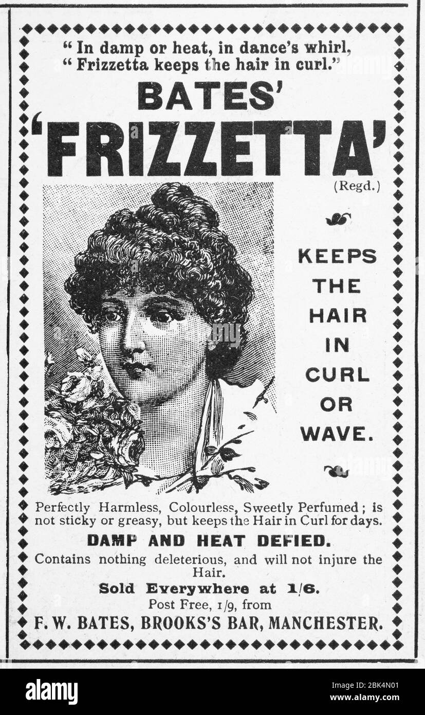 Alte Zeitungsdruck-Haarpflege / Haarpflege-Anzeige aus viktorianischen Zeiten - vor dem Anbruch der Werbestandards. Stockfoto