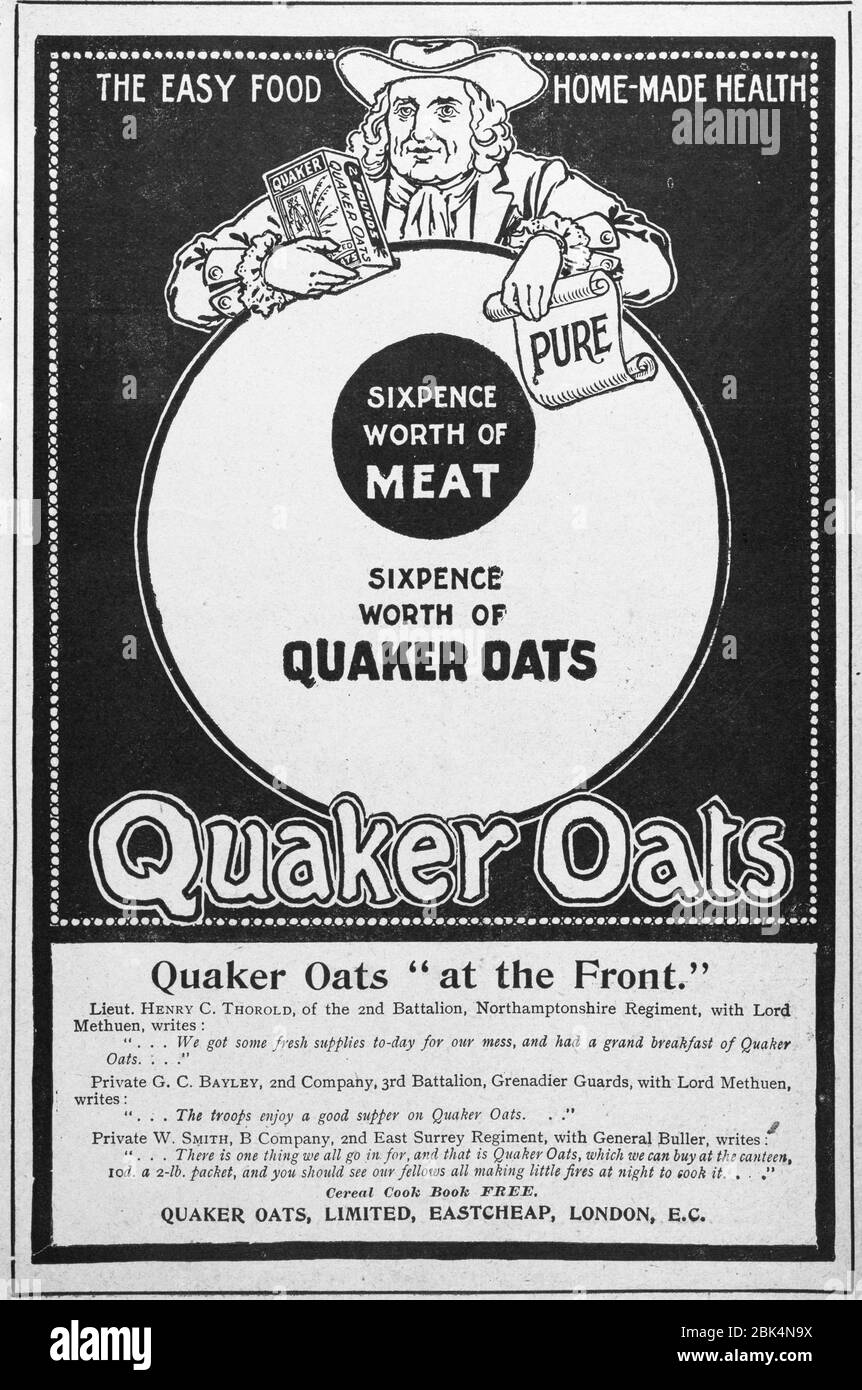 Old Victorian Quaker Oats Food-Werbung von Anfang 1900, in den Tagen vor der Werbung Standards. Werbung für alte Lebensmittel, Werbung für alte Lebensmittel. Stockfoto