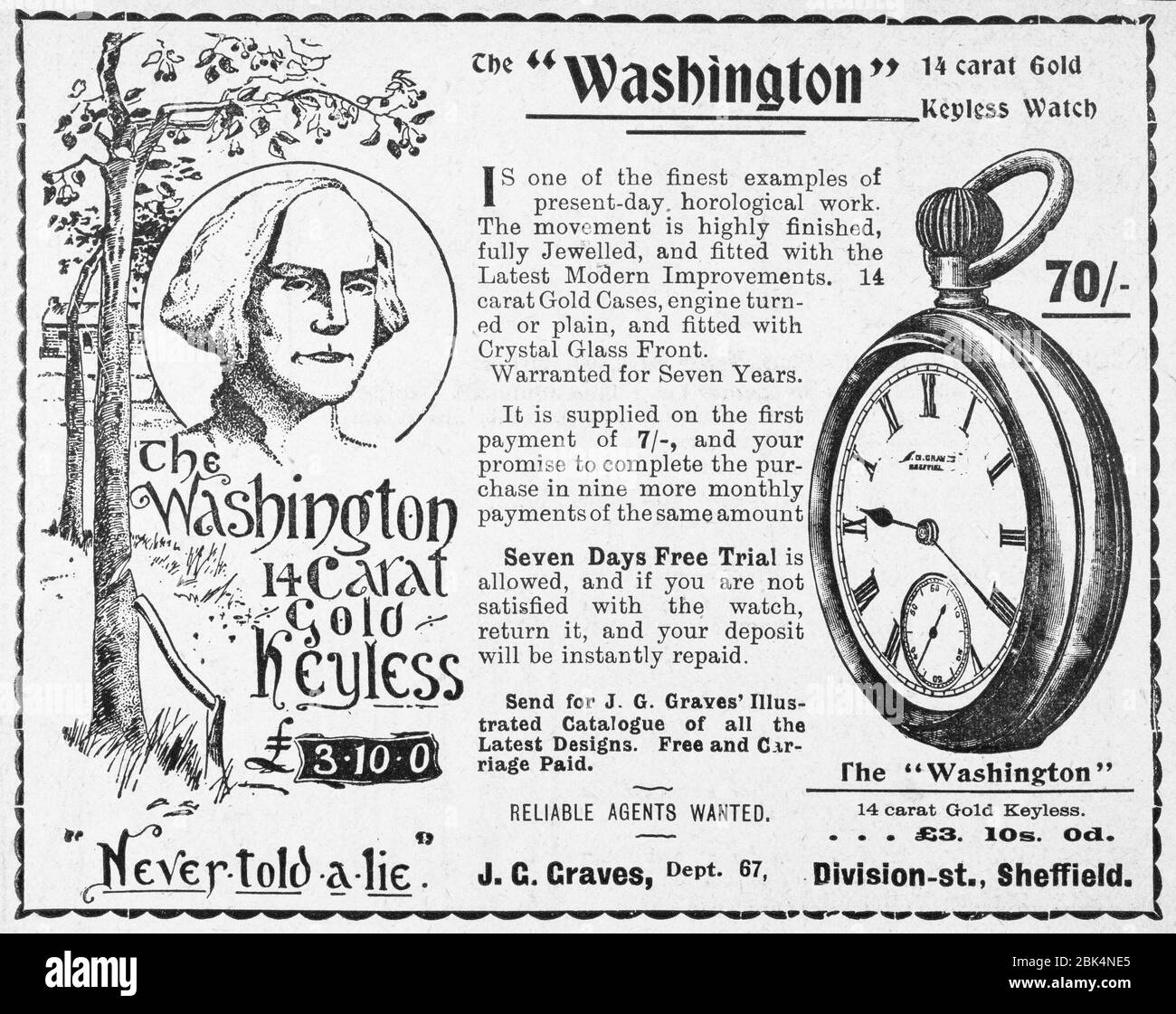 Alte Washington Gold Uhr Anzeige von Anfang 1900, vor dem Anbruch der Werbung Standards. Geschichte der Werbung, alte Anzeigen, Werbungsgeschichte Stockfoto