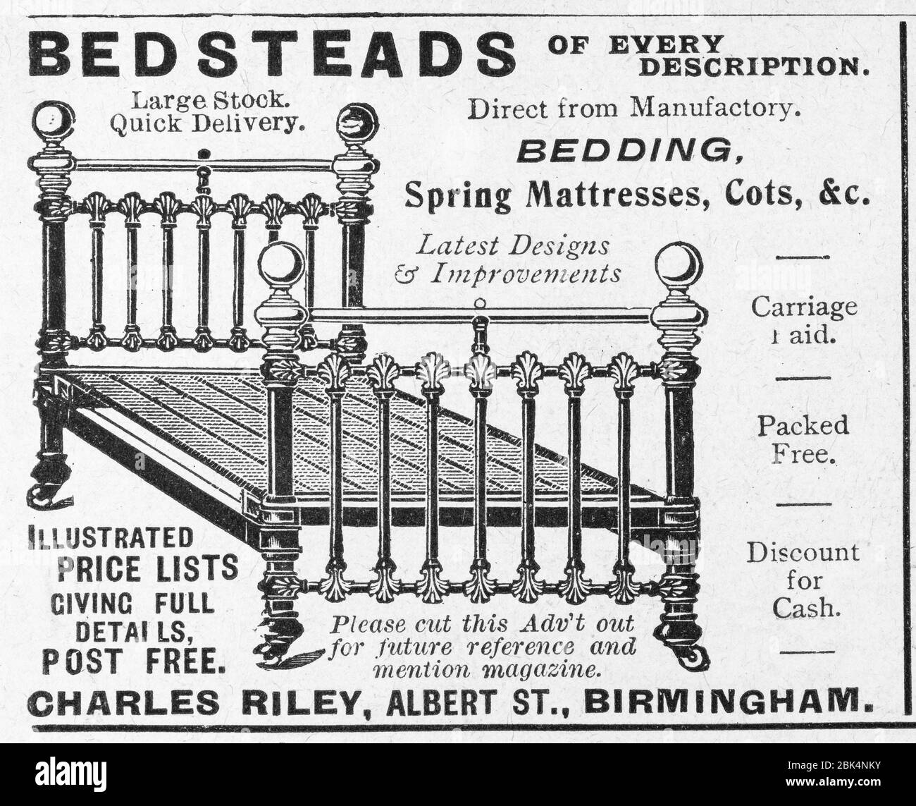 Alte Vintage Bett-Werbung aus dem frühen 20. Jahrhundert, vor dem Anbruch der Werbestandards. Geschichte der Werbung, alte Anzeigen, Werbungsgeschichte Stockfoto