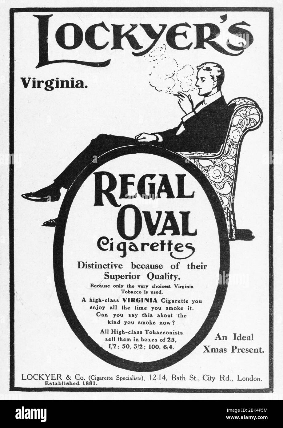 Alte Vintage-Werbung für Tabak/Zigarette/Rauchen von Anfang des 20. Jahrhunderts, vor Beginn der Werbestandards. Geschichte der Werbung, alte Tabakwerbung Stockfoto