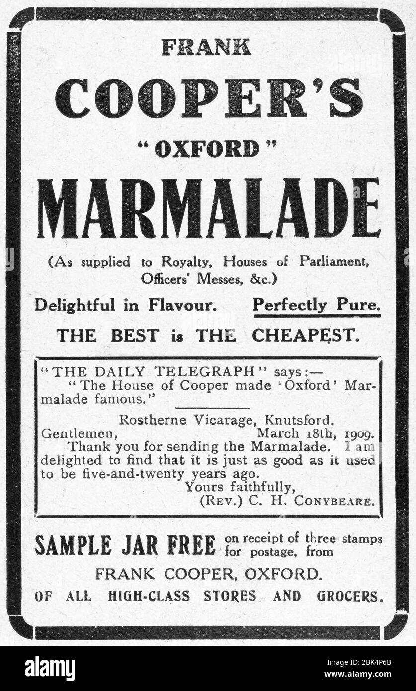 Alte viktorianische Zeitungsdruckpapier Cooper's Marmalade Food-Anzeige von Anfang 1900, in den Tagen vor Werbestandards. Werbung für altes Essen. Stockfoto