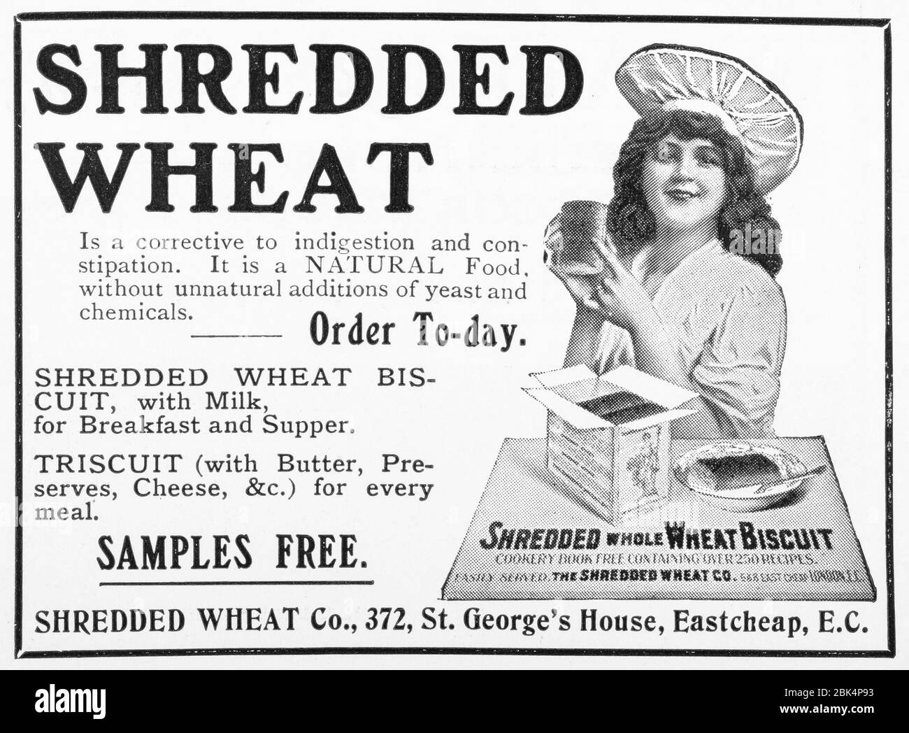 Alte viktorianische Zeitungspapier geschreddert Weizen Lebensmittel-Anzeige von Anfang 1900, in den Tagen vor der Werbung Standards. Werbung für altes Essen. Stockfoto