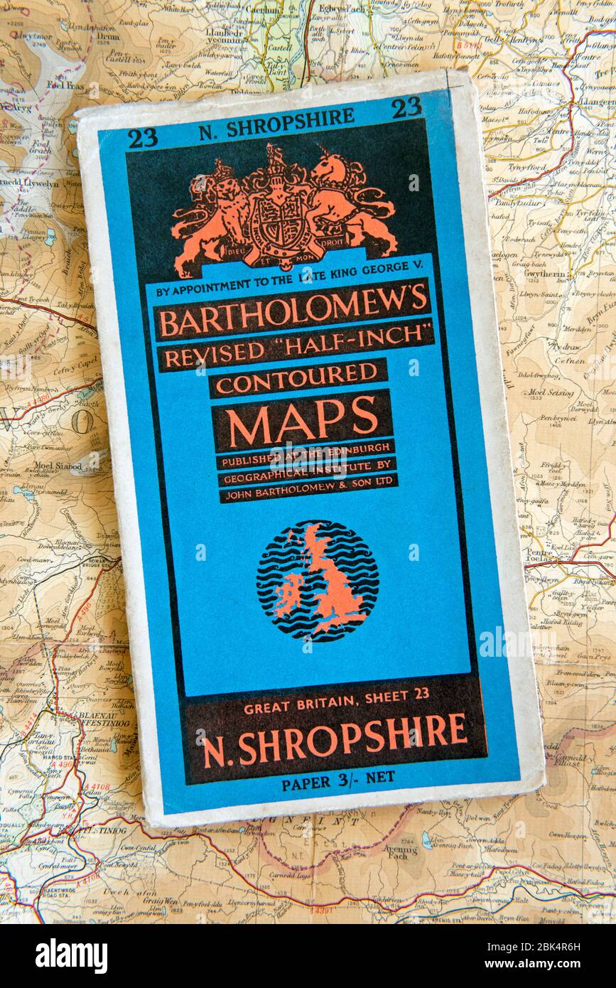 Bartholomew's Map überarbeitete die umrissenden Karten von Half-Inch. N. Shropshire Großbritannien Blatt 23 Tuchausgabe 3/- Netz Stockfoto