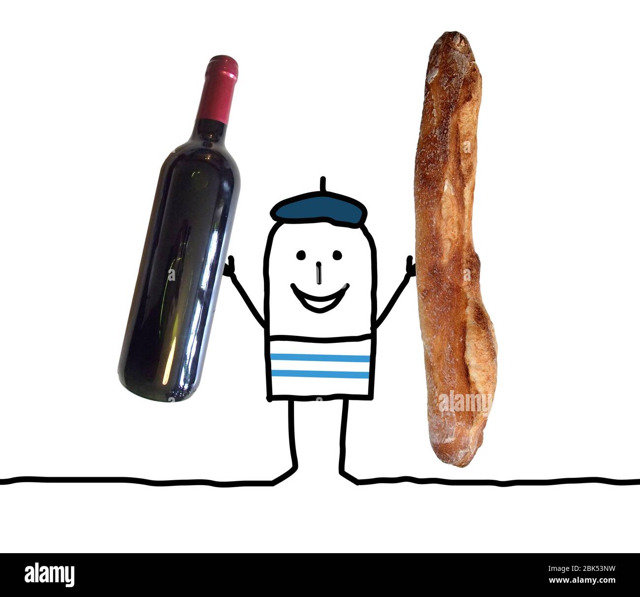 Hand gezeichnet Cartoon Mann mit großen französisch Brot und Weinflasche Fotos Stockfoto