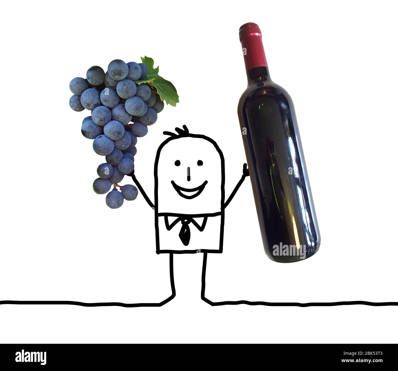 Hand gezeichnet Cartoon Mann mit großen Trauben und Weinflasche Fotos Stockfoto