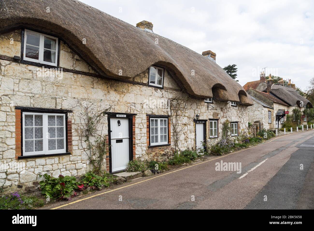 Reetgedeckte Hütten, Brighstone, Isle of Wight, England, Großbritannien Stockfoto