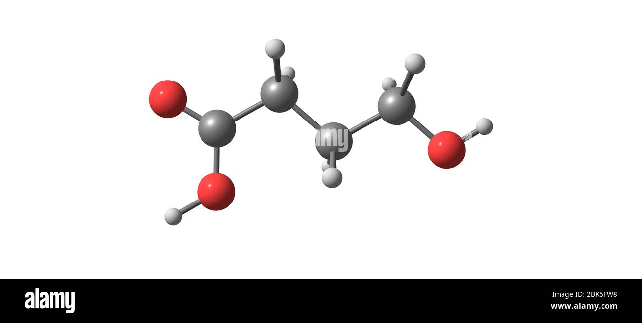 Hydroxybutyrinsäure oder GHB oder 4-Hydroxybutansäure ist ein natürlich vorkommender Neurotransmitter und ein psychoaktives Medikament. Es ist ein Vorläufer von GABA, glu Stockfoto