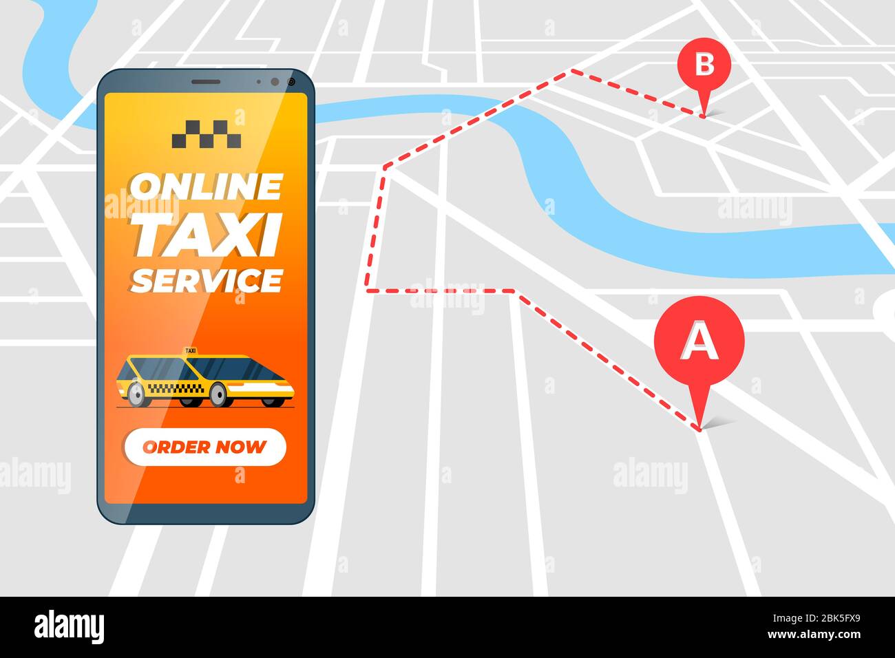 Smartphone mit Online Taxi Bestellservice App Konzept. Taxi Transfer Route und Geotag gps Position PIN Ankunft Adresse auf der Karte. Holen Sie sich Taxicab Positionierung Anwendung flache Vektor eps Illustration Stock Vektor