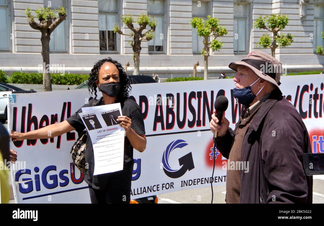 Mai Protest von Uber Lift Arbeiter in san francisco Rathaus Stockfoto