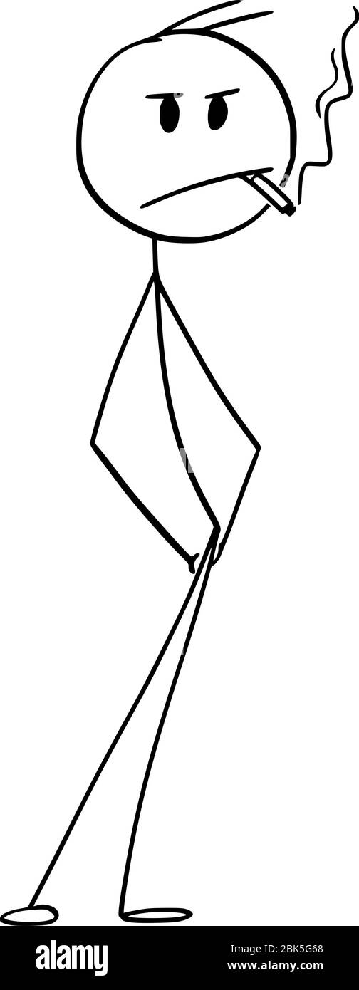 Vektor Cartoon Stick Figur Zeichnung konzeptionelle Illustration von langweilen zähen Mann oder Kerl mit Zigarette oder Zigarre und Hände in Taschen. Stock Vektor