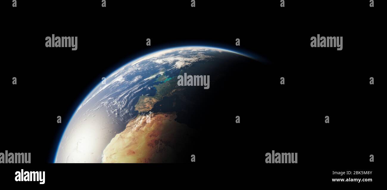 Der Sonnenuntergang über der Erde von Europa und Nordafrika aus dem All - Atmosphäre des Weltglobus - der blaue Marmor - 3D Illustration Stockfoto