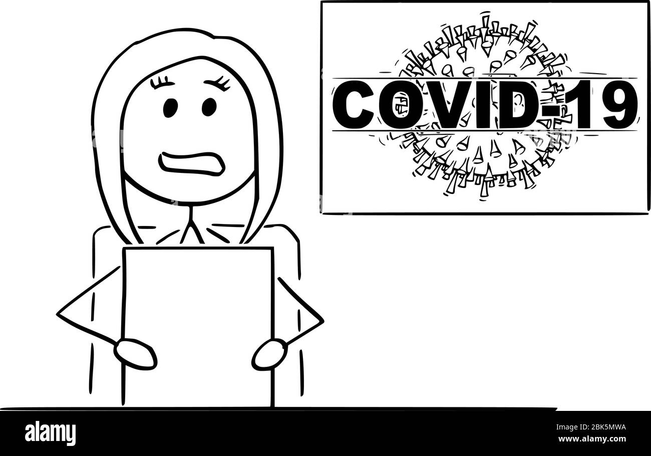 Vektor Cartoon Stick Figur Zeichnung konzeptionelle Illustration von weiblichen Newscaster oder Newsreader im Fernsehstudio sprechen über Coronavirus COVID-19 Epidemie Krankheit. Stock Vektor