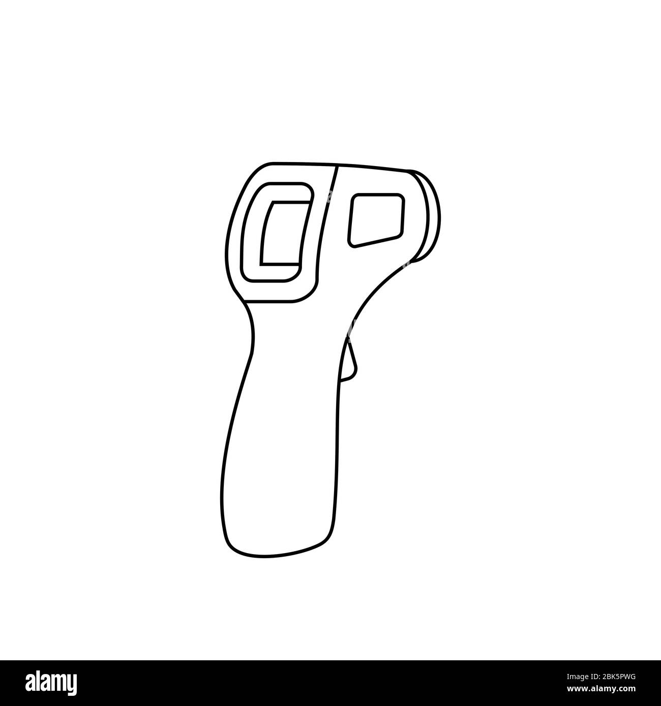 Symbol für die Linie ohne Berührungsthermometer. Berührungsloses Infrarotgerät zur Erkennung der Körpertemperatur. Schwarze Umrandung auf weißem Hintergrund. Laserthermometer. Stock Vektor