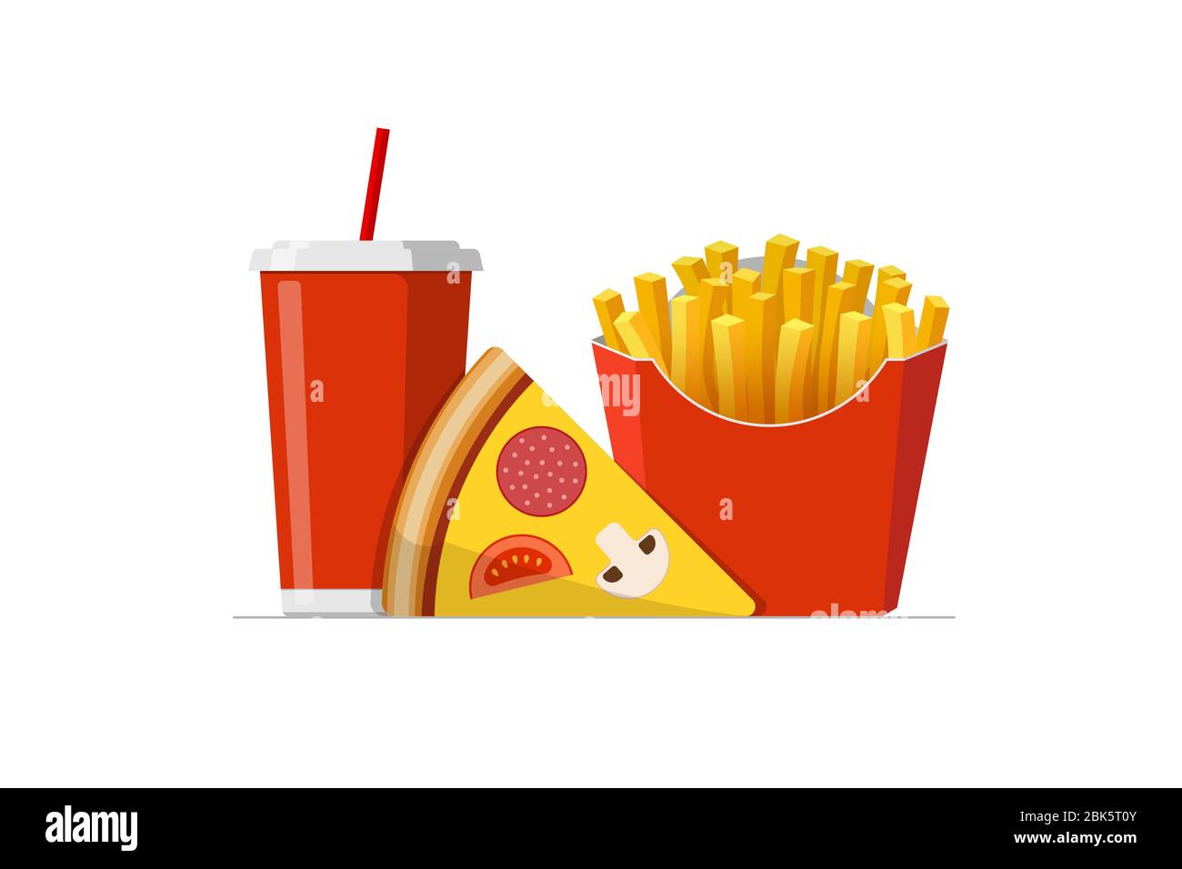 Fast Sreet Food zum Mitnehmen Mittagessen Set. Pizza-Scheibe mit pommes Frites-Packung und Softdrink-Soda-Tasse. Flache isolierte eps-Vektorgrafik Stock Vektor