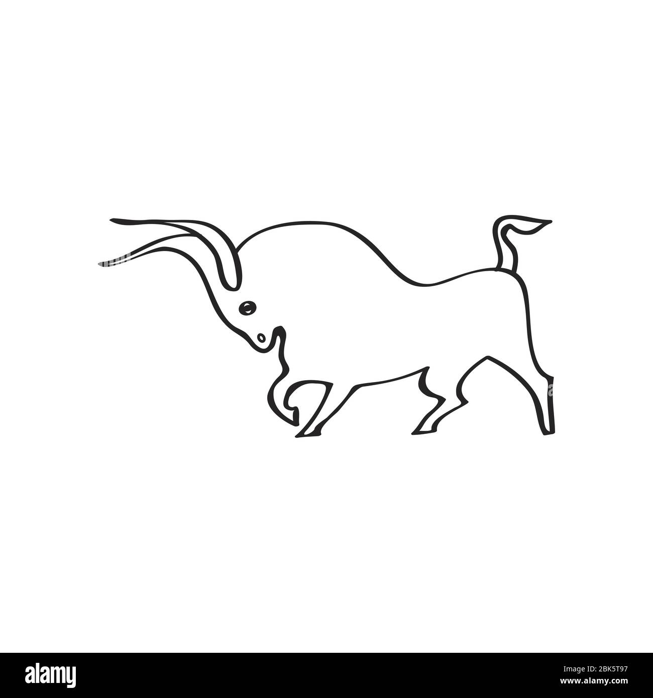 Junge starke Bulle Silhouette isoliert. Schwarze Umrisse des Stiers auf weißem Hintergrund. Handzeichnung. Seitenansicht. Idee für Tattoo, Aufkleber, Logo, Symbol, Kuh m Stock Vektor