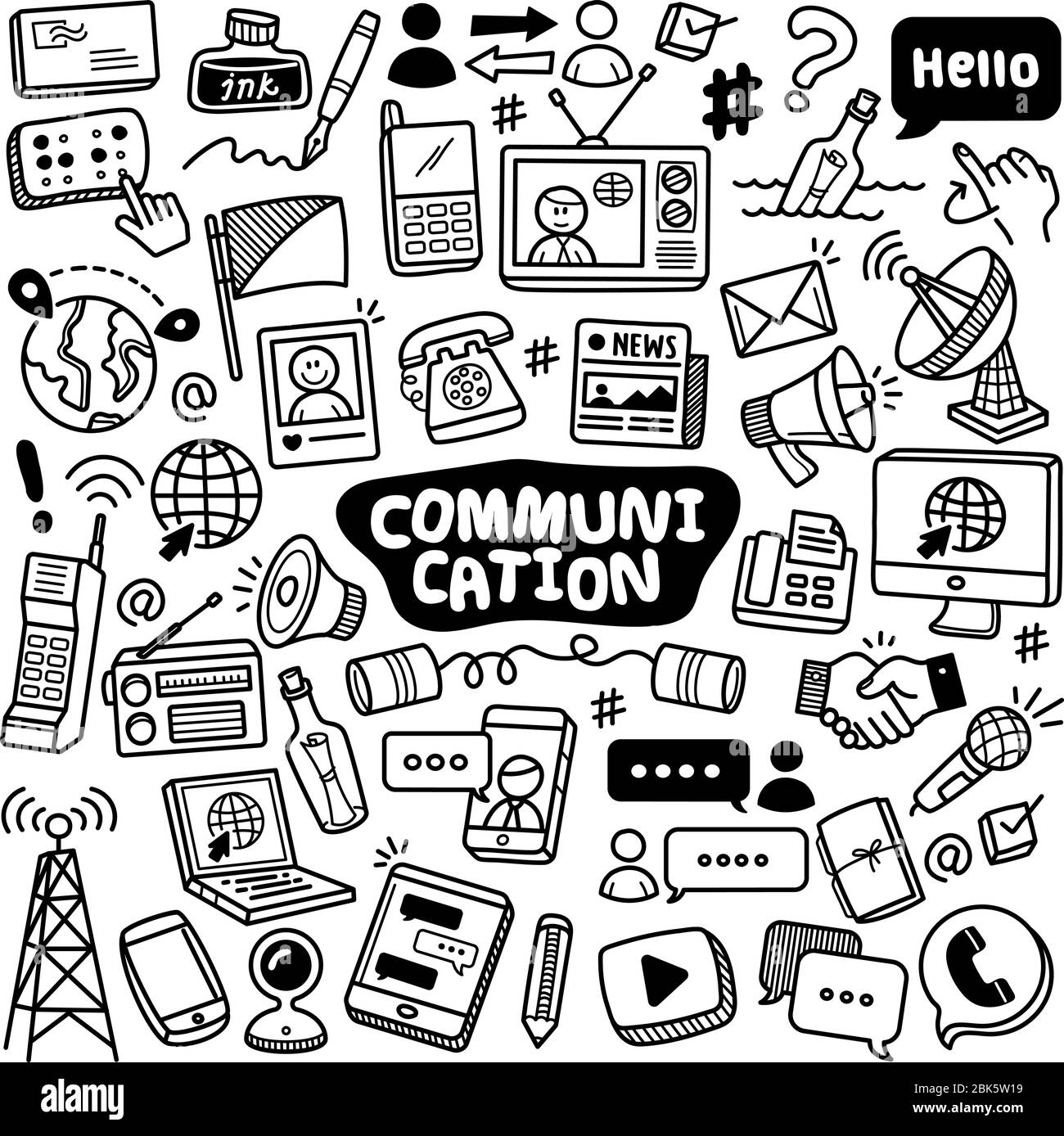 Satz von Vektor Doodle Element im Zusammenhang mit Kommunikation. Sammlung von handgezeichneten Kommunikationssymbolen und Ikonen. Sprachzeichen, Braille und Communica Stock Vektor