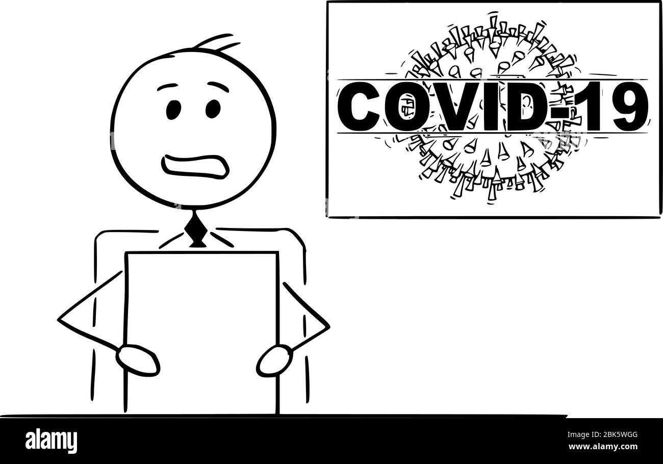 Vektor Cartoon Stick Figur Zeichnung konzeptionelle Illustration von Newscaster oder Newsreader im Fernsehstudio sprechen über Coronavirus COVID-19 Epidemie Krankheit. Stock Vektor