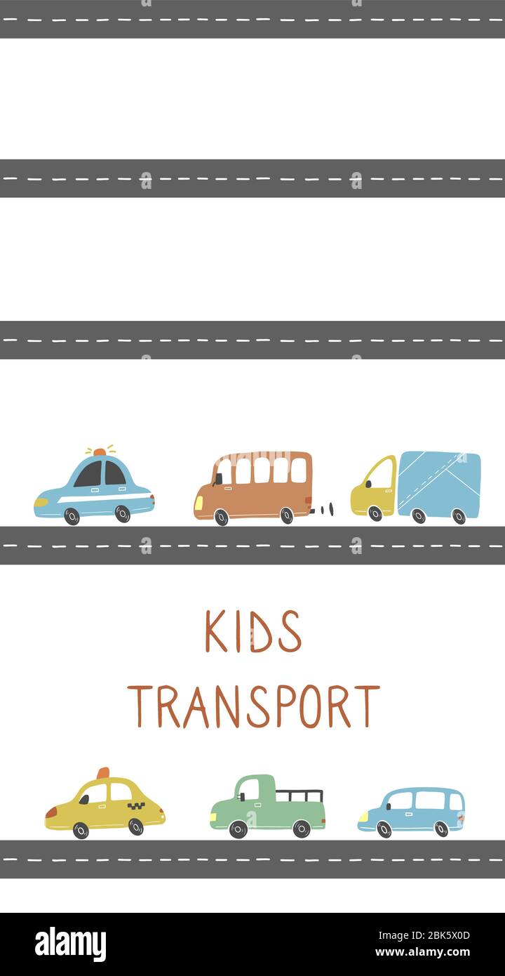 Set von Cartoon niedlichen Kinder und Spielzeug-Stil Autos und andere Transport, LKW, Taxi, Feuerwehrauto, Schiff, Bagger, Bus, Luftballon. Isolierte Vektordarstellung. Stock Vektor