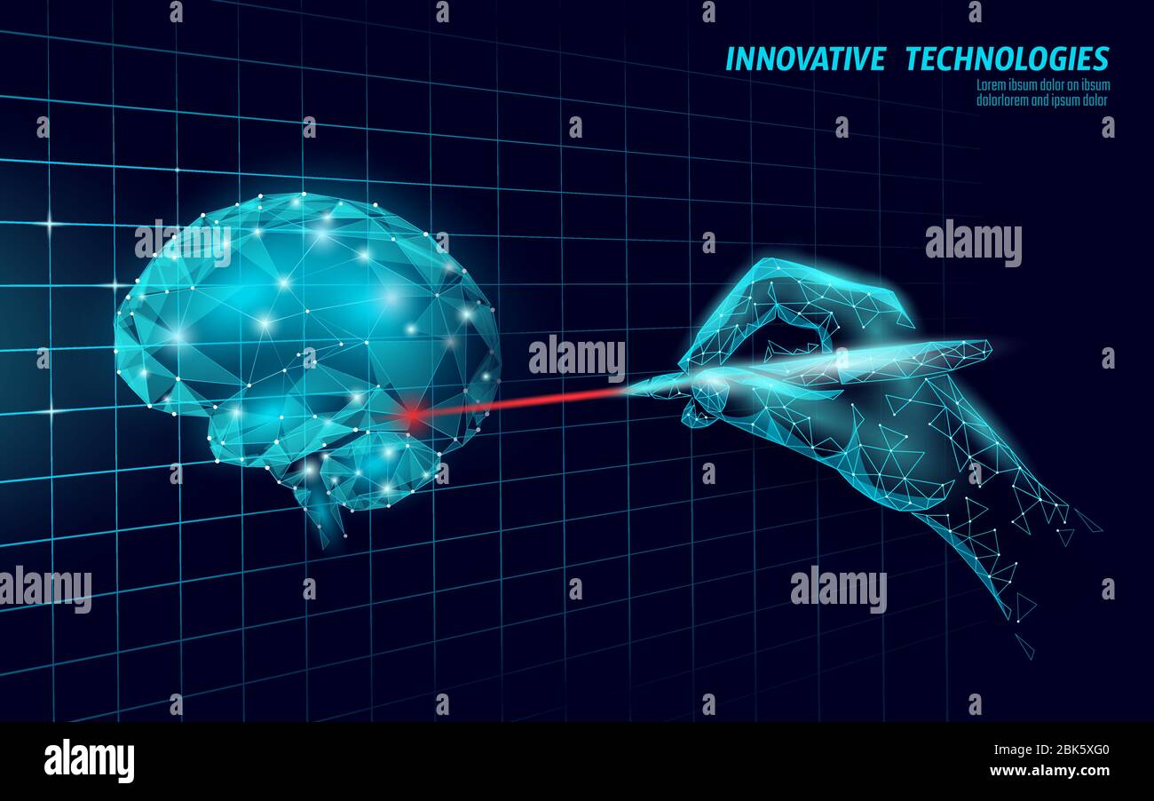 Gehirn Behandlung Low Poly 3D Render. Medizin kognitive Laser Rehabilitation bei Alzheimer-Krankheit und Demenz Vektor Illustration Stock Vektor