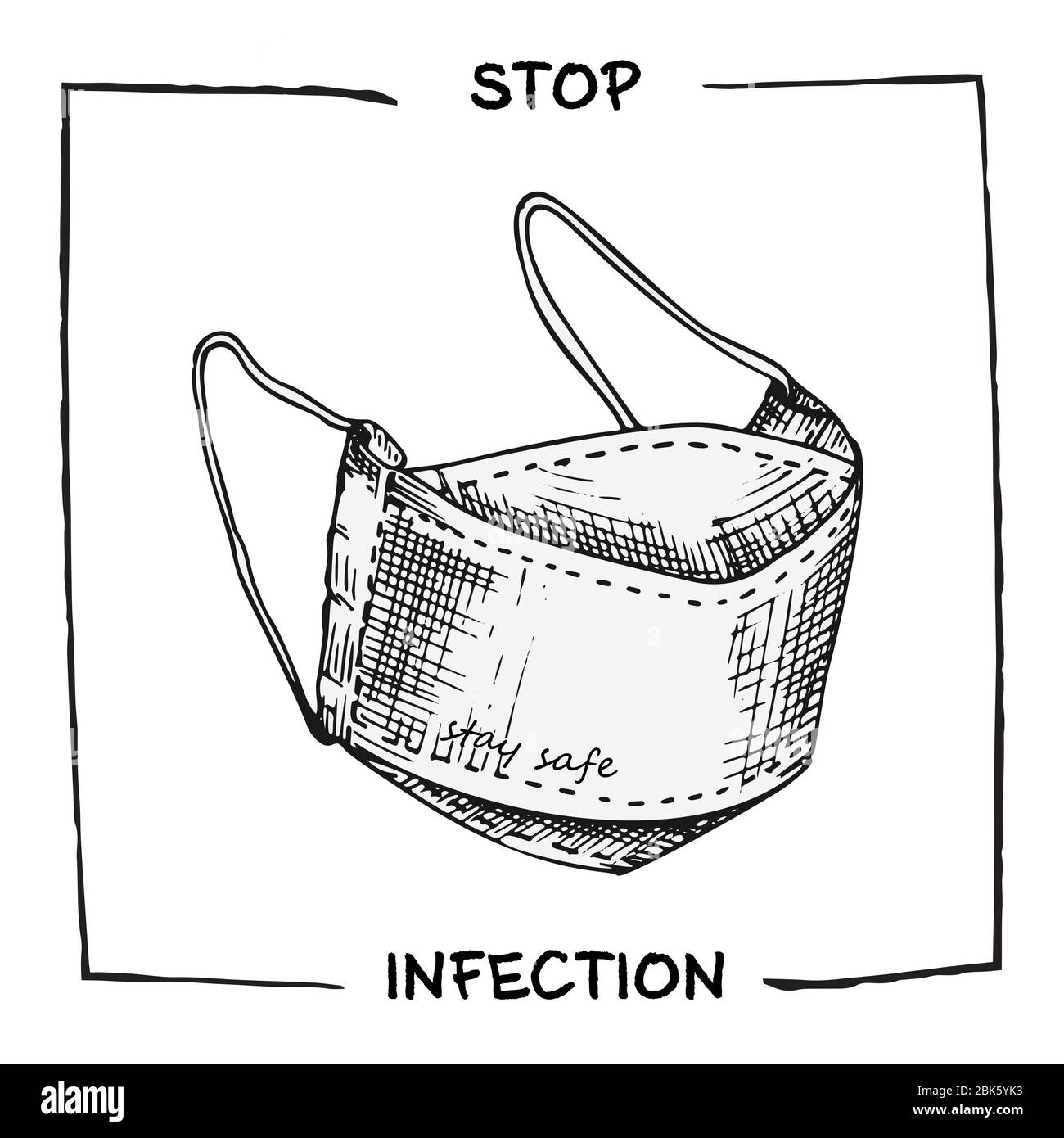 Tinte Skizze medizinische Hand gemacht Maske Symbol. Design Concept of Medicine Informationsposter gegen Coronavirus-Pandemie mit Text Stop Stock Vektor