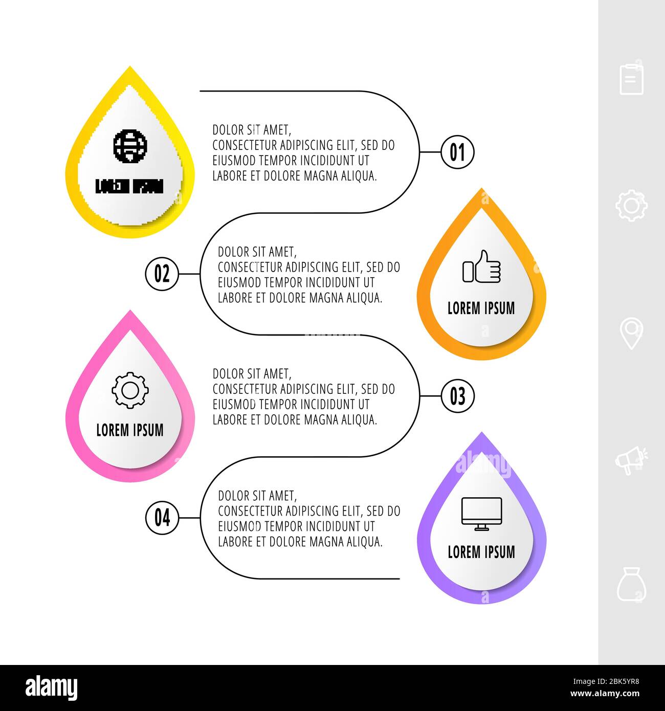 Vektor-Infografik mit 4 Tropfen und Symbolen. Konzept von vier Geschäftsoptionen. Modernes Design für Flussdiagramm, Präsentationen, Banner, Diagramm, Zeitleiste Stock Vektor