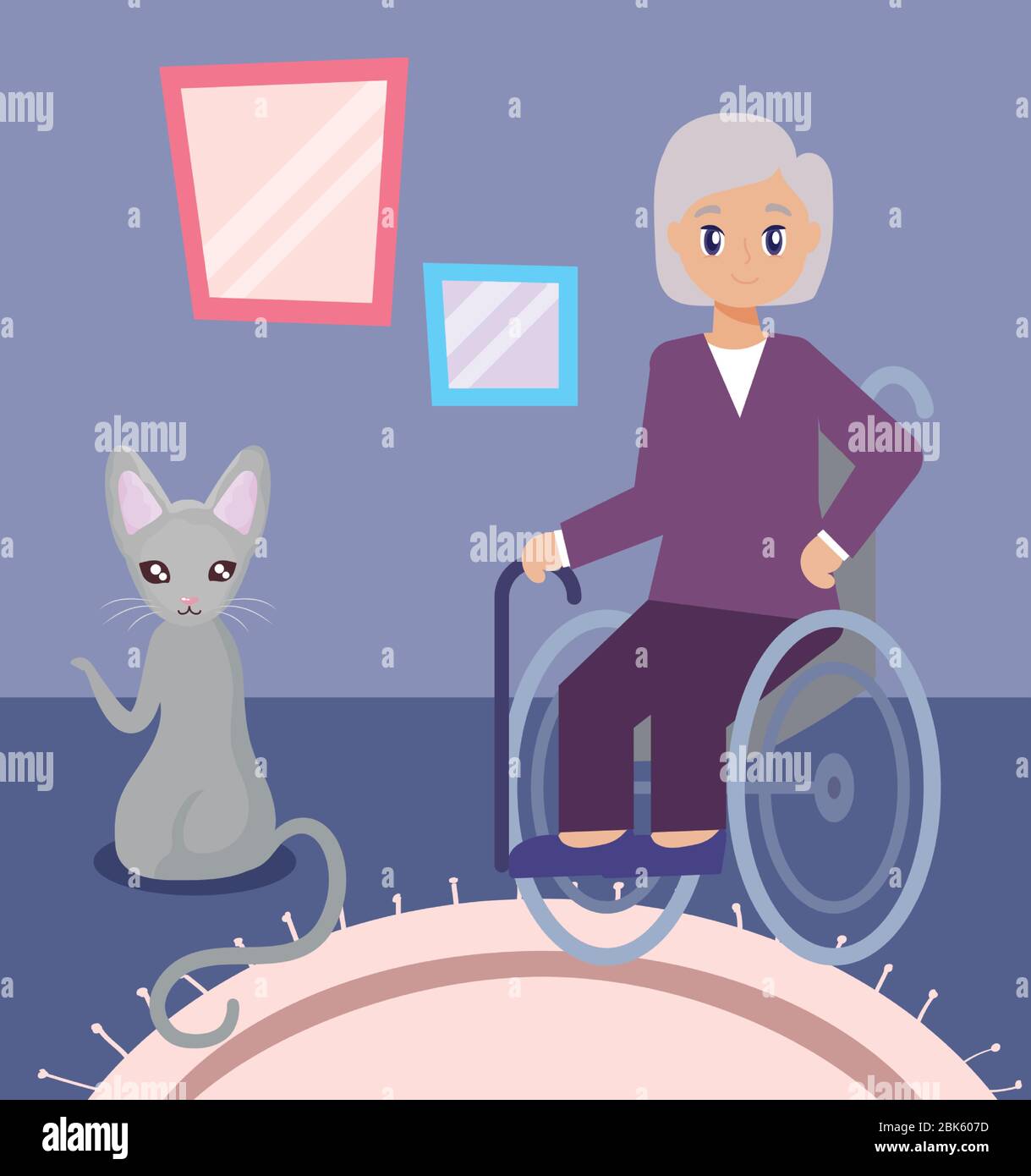 Ältere Frau im Wohnzimmer mit einem Katze Vektor Illustration Design Stock Vektor