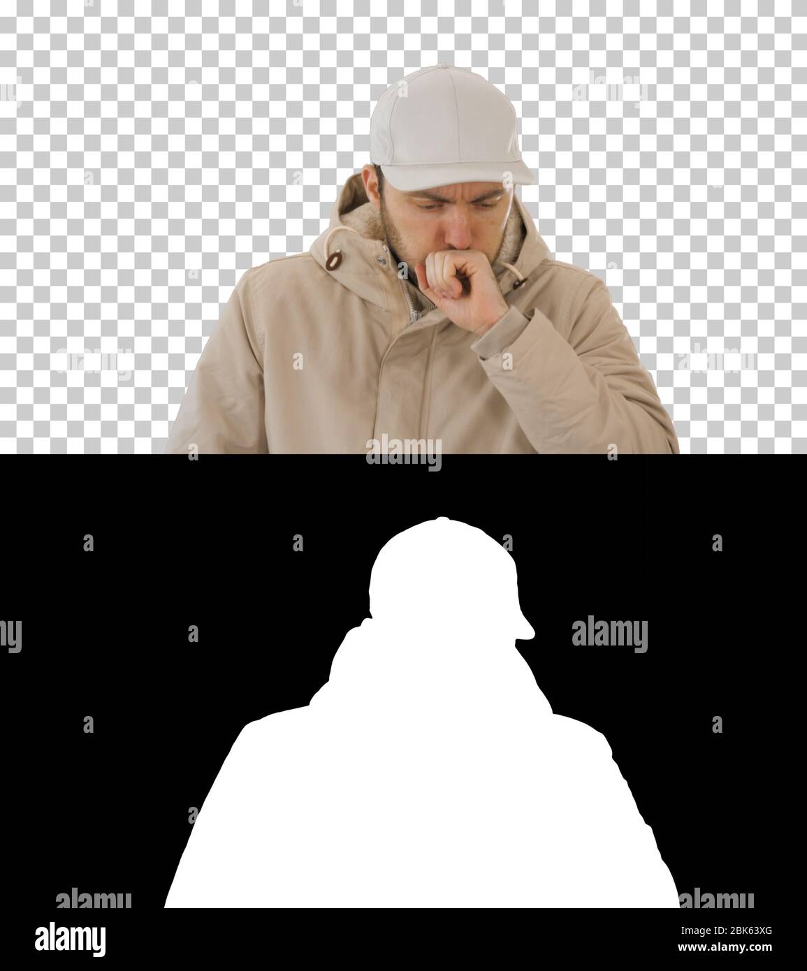 Mann im Winteroutfit Wandern und Husten, Alpha Channel Stockfoto