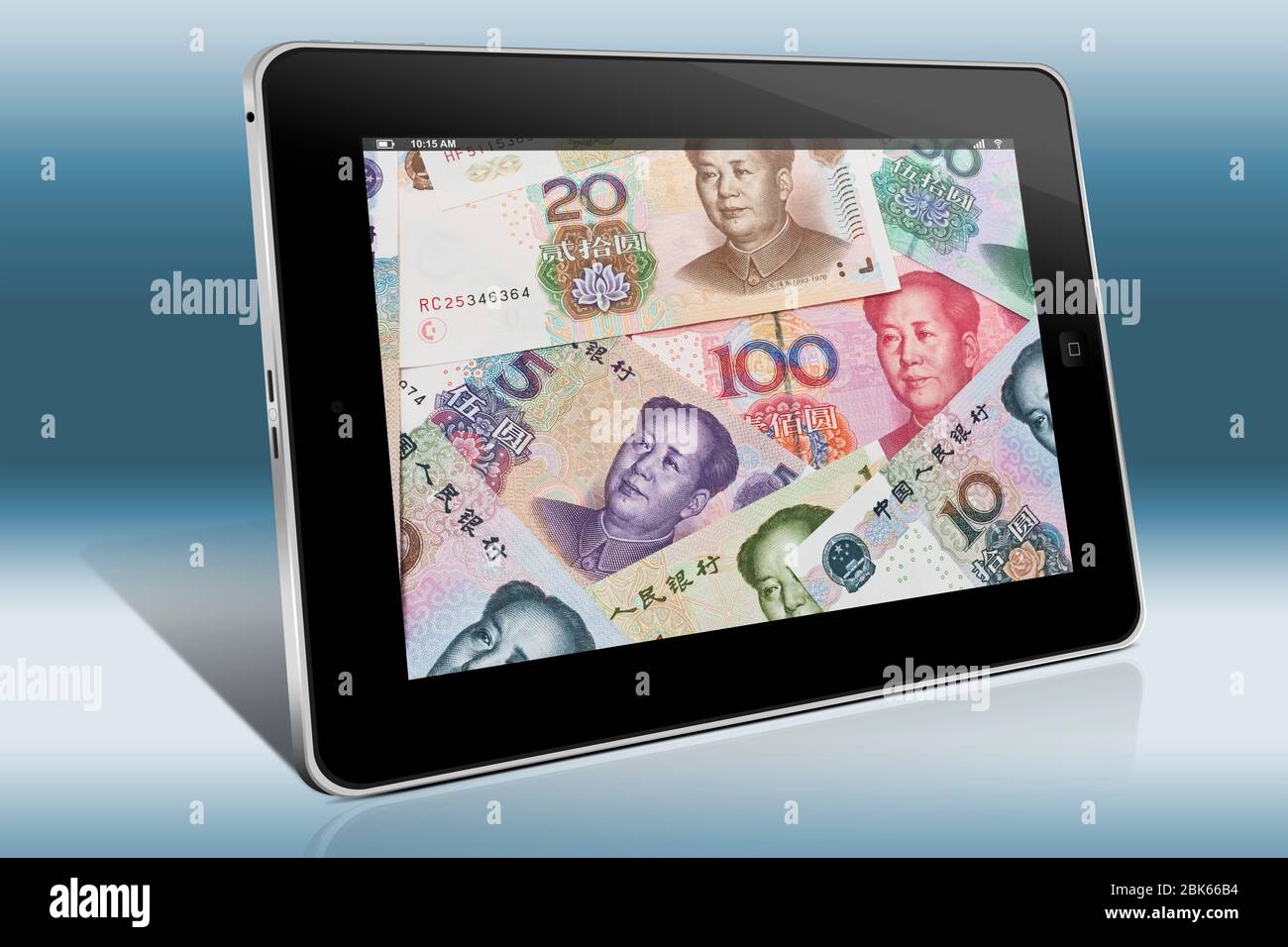 Viele Yuan Rechnungen mit dem Porträt von Mao Zedong nebeneinander liegen. Die chinesische Währung Renminbi, wurde 1949 eingeführt. Stockfoto