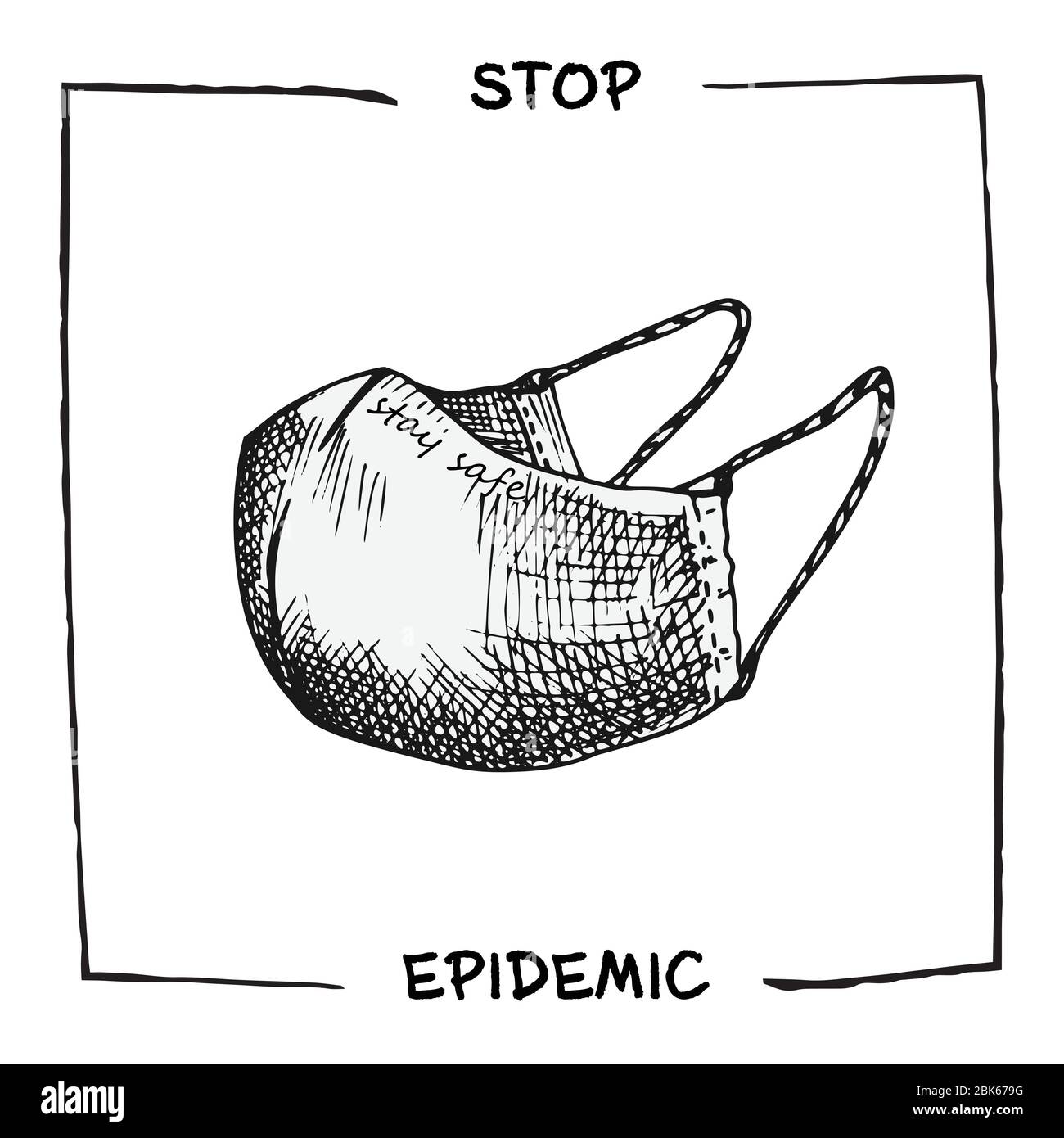 Tinte Skizze medizinische Hand gemacht Maske Symbol. Design Concept of Medicine Informationen Agitationsposter gegen Coronavirus Pandemie mit Text Stop Epidemic Stock Vektor