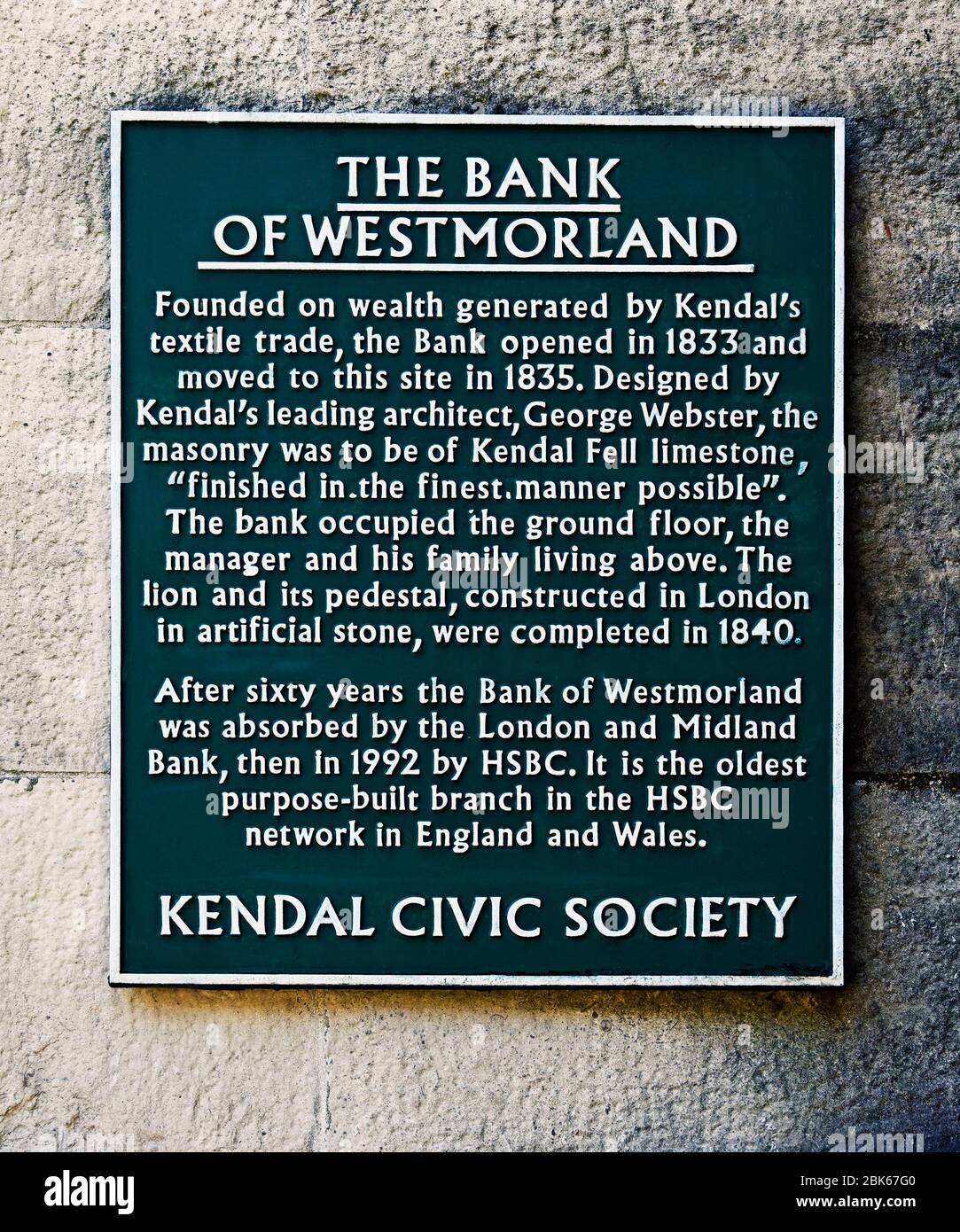 Beschreibende Plakette. Die Bank von Westmorland. Highgate, Kendal, Cumbria, England, Vereinigtes Königreich, Europa. Stockfoto